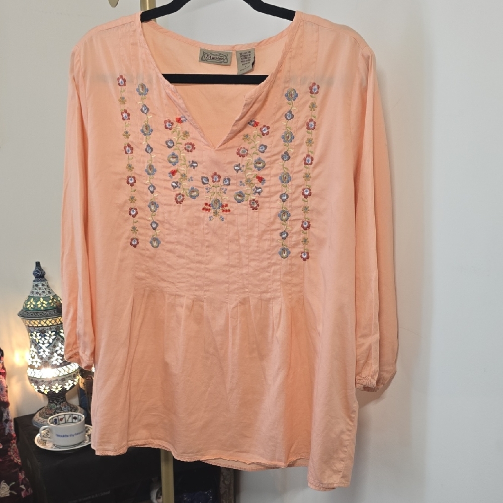 Art And Soul 100% Cotton Peach Floral Embroidered Peasant Blouse